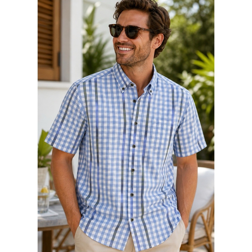 ROWM Blue Gingham Plaid Shirt Short Sleeve Button Down Cotton Mens XL Casual